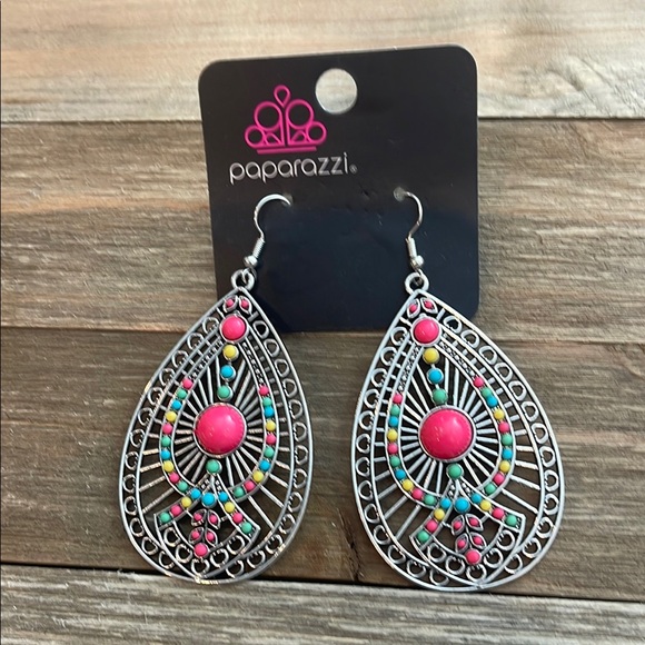 ❄️ Paparazzi | Silver and Pink Teardrop Earrings Boho Shabby Chic - Picture 6 of 10